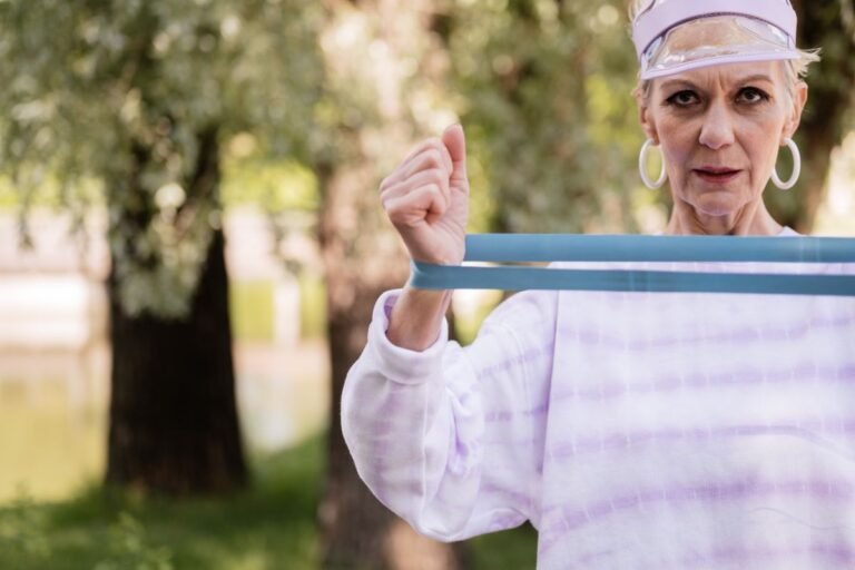 Senior woman working out with a resistance band in a park
