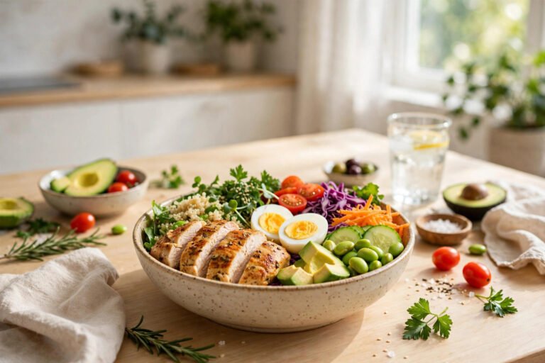 High-protein meal bowl with chicken, eggs, quinoa and vegetables
