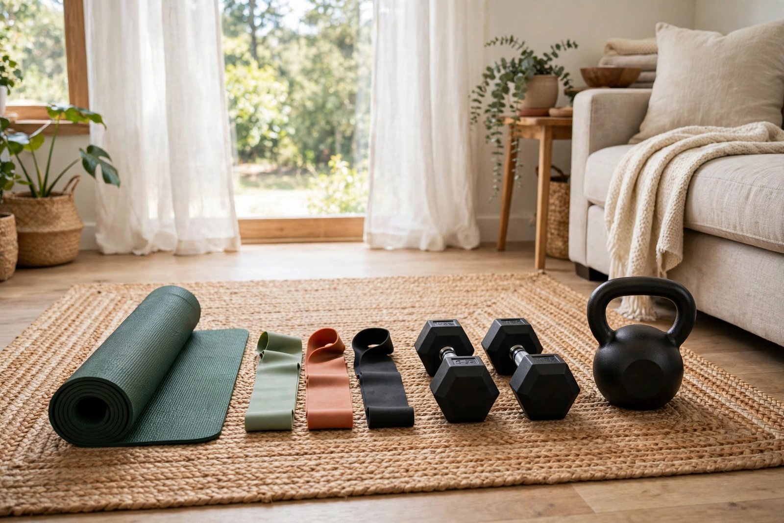 Home workout gear arranged on a living room rug