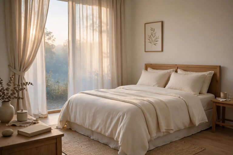 Serene bedroom at dawn with soft light