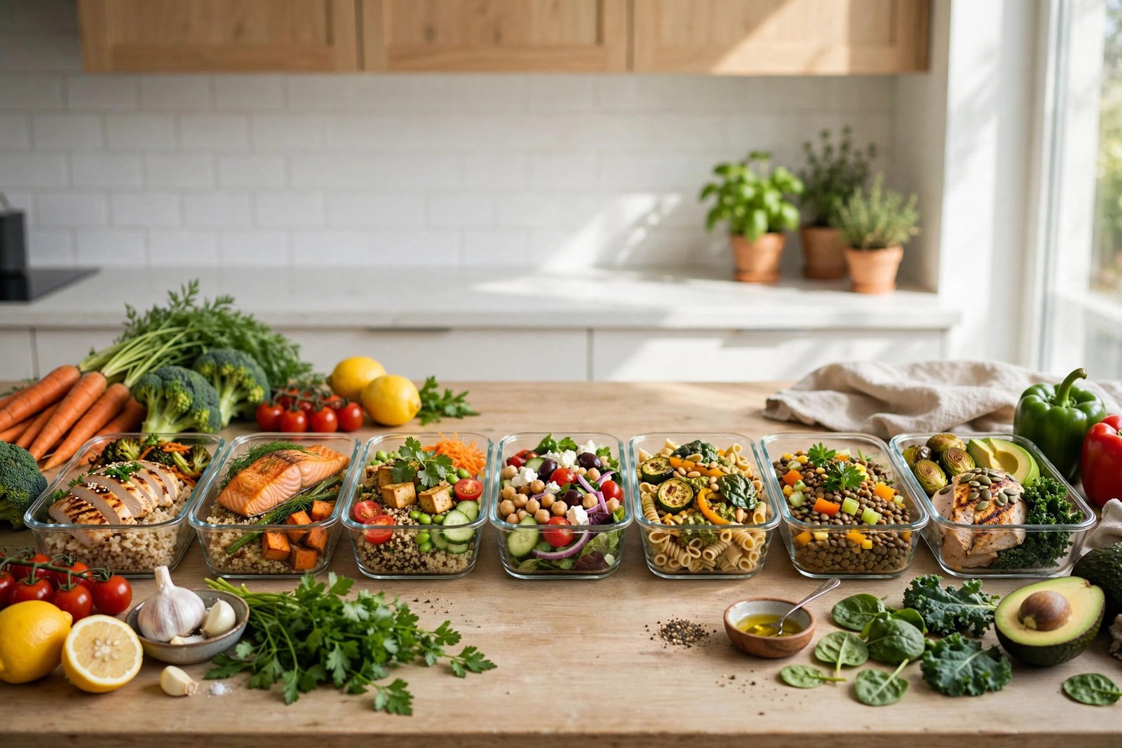 Weekly healthy meal prep containers on a kitchen counter