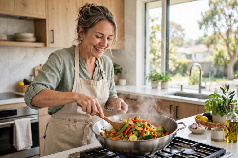 Woman in her 50s cooking a healthy stir-fry in a bright kitchen