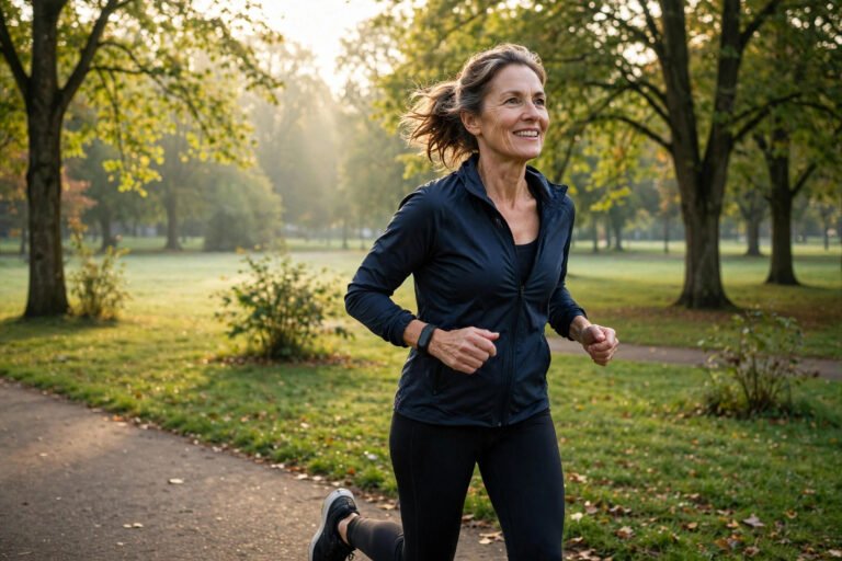 Woman in her 50s jogging in a park with a fitness tracker