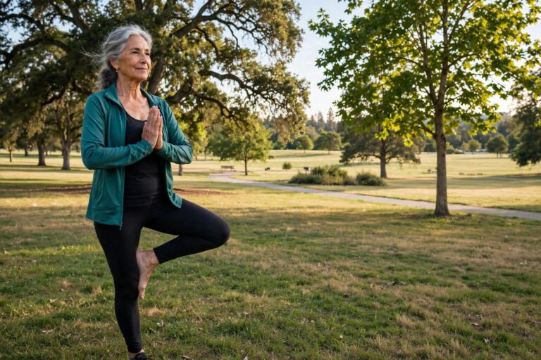 Woman in her 60s doing a tree pose balance exercise in a park