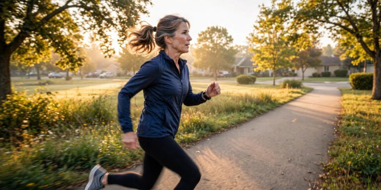 Woman in her 50s walking briskly on a sunny trail