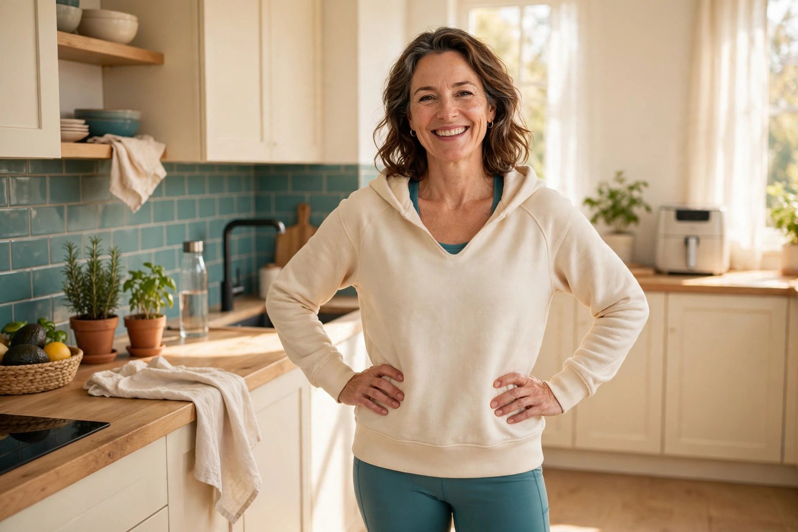 Confident woman in her 50s in workout clothes in a bright kitchen