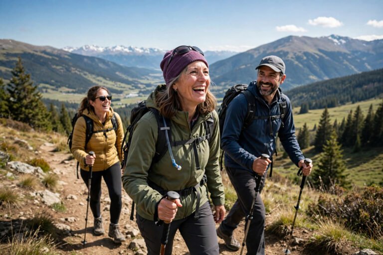 Woman in her early 50s hiking uphill on a scenic trail with friends